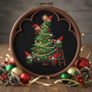 Può includere: Un ricamo a punto croce di un albero di Natale decorato con ornamenti e luci, circondato da gnomi con cappelli rossi e abiti verdi. L'opera d'arte è ambientata in una cornice di legno con un bordo decorativo, con decorazioni natalizie.