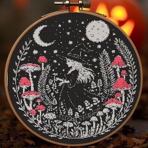Fantasy Celestial Witch Cross Stitch Pattern Magical Forest Witch Embroidery Garden Mushrooms Gothic Forest Witch Halloween Cross Stitch PDF
