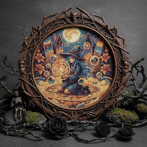 May include: A framed cross-stitch artwork depicting a witch in a starry night scene. The witch, with blue hair and a pointed hat, holds a glowing orb. The frame is dark brown with decorative elements, and the background features a full moon and floral accents.