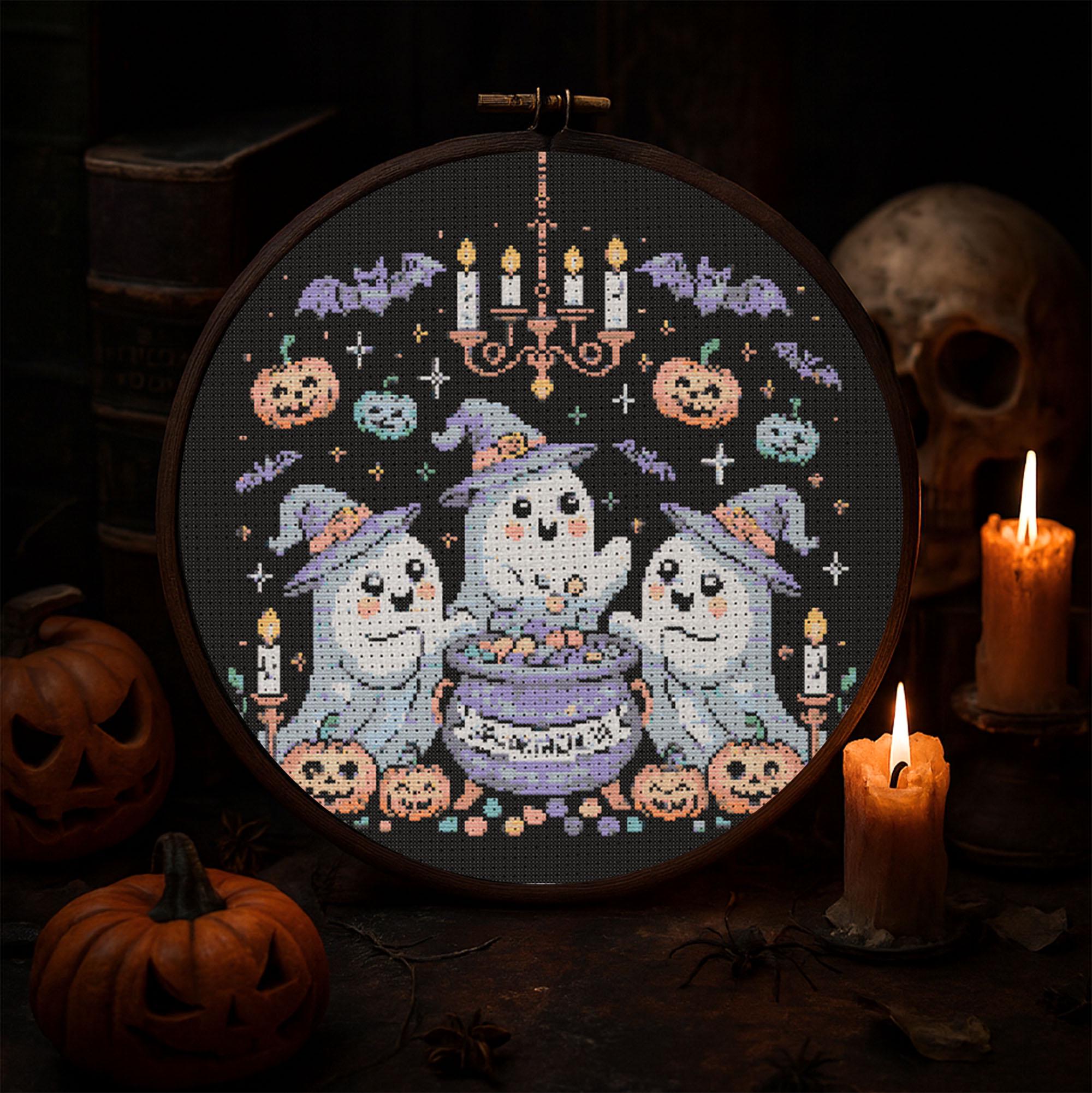 Cute Spooky Ghost Party Cross Stitch Pattern Halloween Witch Ghost ...