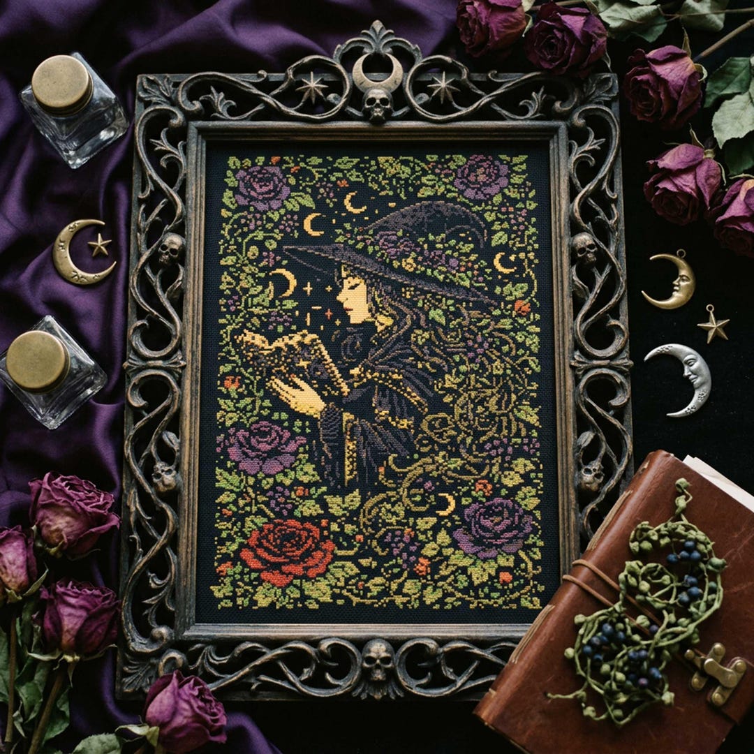 Spell Design Pattern Gothic Witch Cross Stitch Pattern: Moon Magic Spell Book Floral ...