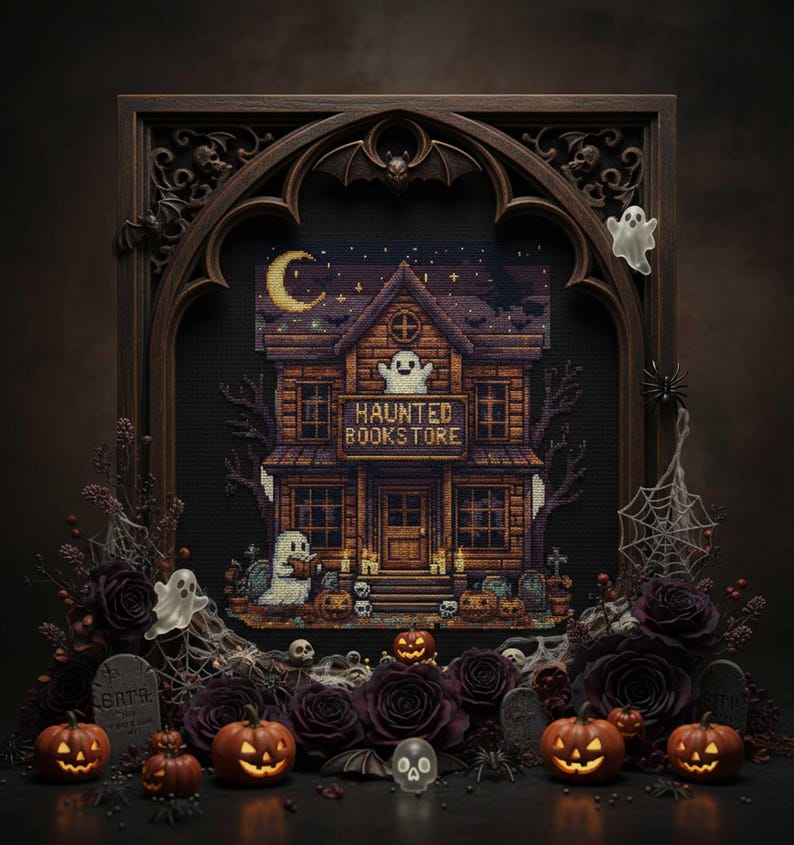 Haunted Bookstore Cross Stitch Pattern Gothic Halloween Embroidery PDF ...