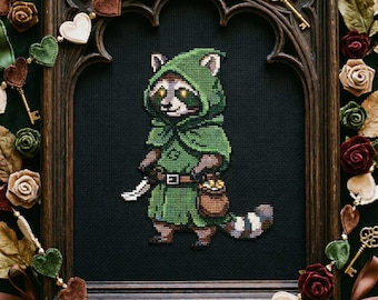 Fantasy Cross Stitch Pattern: Hooded Raccoon Rogue Adventurer Embroidery (PDF)