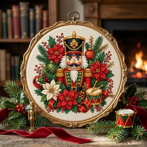 Puede incluir: Un bastidor de bordado circular con un diseño de punto de cruz de un cascanueces rodeado de flores de pascua rojas y blancas, ramas de pino verdes, bayas rojas y un pequeño tambor. El bastidor tiene un borde ornamentado de color dorado.