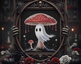 May include: Cross-stitch artwork of a ghost beneath a red and white mushroom, framed in a dark wooden frame with gothic details like skulls and spiderwebs. The image has a Halloween theme.