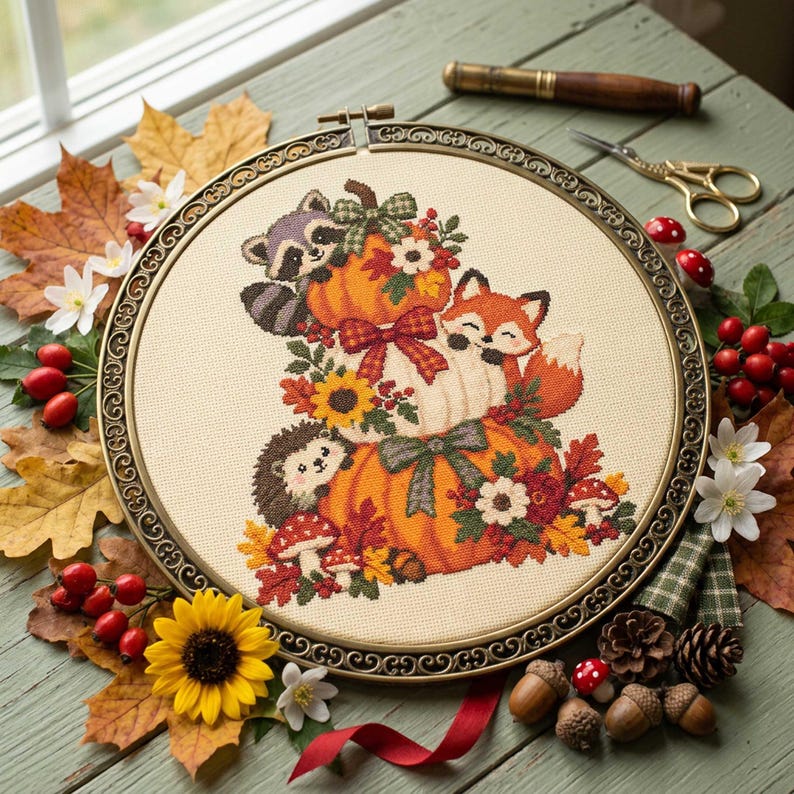 Fall Raccoon Patterns Autumn Woodland Animals Cross Stitch Pattern: Fox Raccoon Hedgehog ...
