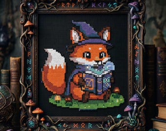Adorable Fox Wizard Cross Stitch Pattern: Magical Book Fantasy Embroidery PDF