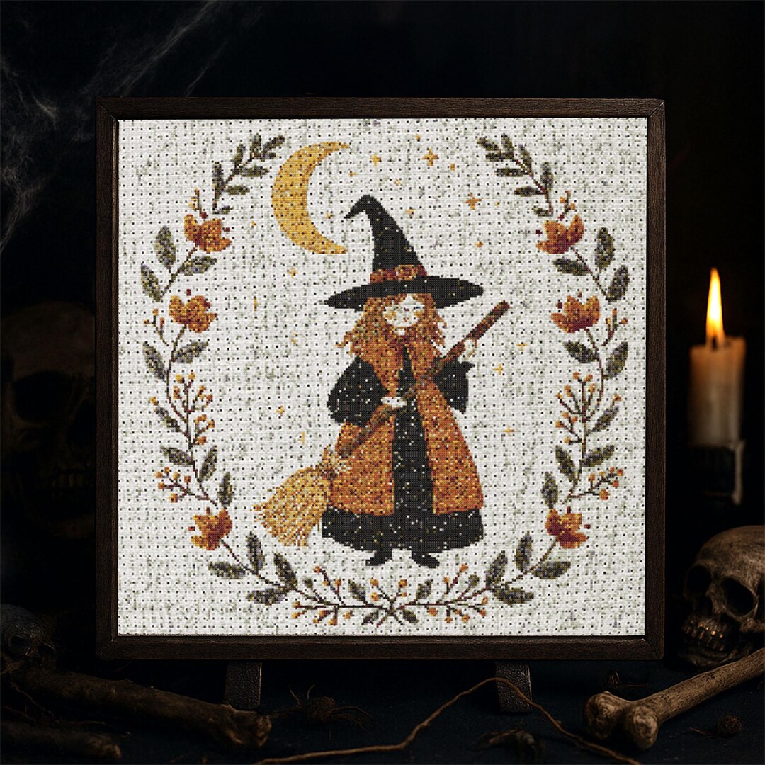 Autumn Witch Cross Stitch Pattern Halloween Witch Embroidery Crescent ...