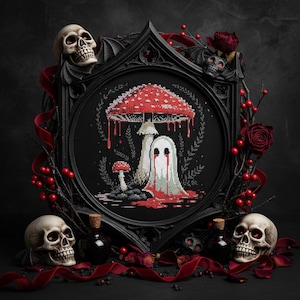 Op de afbeelding: Een kruissteekontwerp met een gotisch thema, met een roodkappige paddenstoel en een spook met rode tranen, in een zwart frame. Het frame is versierd met schedels, rozen en rood lint, wat een spookachtige esthetiek creëert. Het ontwerp is donker en gedetailleerd.