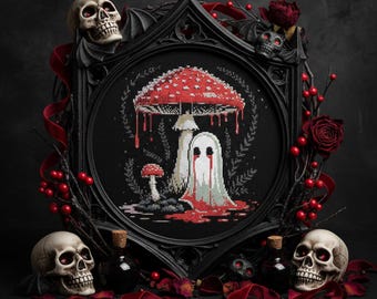 May include: A cross-stitch design with a gothic theme, showing a red-capped mushroom and a ghost with red tears, in a black frame. The frame is decorated with skulls, roses, and red ribbon, creating a spooky aesthetic. The design is dark and detailed.