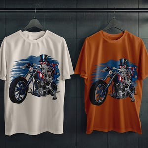 Skeleton Biker T-Shirt Design – Motorcycle Rider Skull PNG | Badass Biker Digital Art for DIY Shirts | Patriotic Skeleton Graphic | Instant