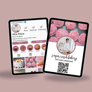 double sided qr code instagram style printable business card pink in colour one side has instagram style page format where you can add your own business photos and also your name and business name. you can add your custom qr code on the other side
