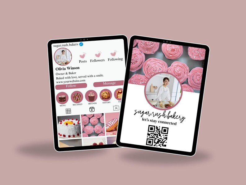 double sided qr code instagram style printable business card pink in colour one side has instagram style page format where you can add your own business photos and also your name and business name. you can add your custom qr code on the other side