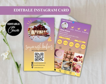 Editable Instagram Business Card Template, Printable Pink Business card for home bakers, Qr Code Custom Photos Small business owner card