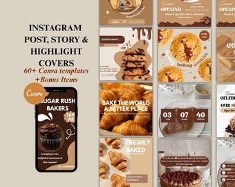 May include: A promotional graphic for Instagram, featuring a phone displaying a cupcake graphic for Sugar Rush Bakers. The image showcases various bakery-themed templates, including cookies, croissants, and cakes, with text like "Bake the World a Better Place."