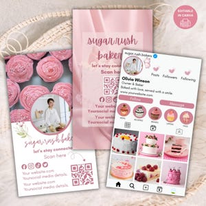 May include: A collection of pink bakery business cards and social media templates. The cards feature the text "sugar rush baker" and include a QR code for easy access to the bakery's website and social media. The Instagram profile showcases various cakes and cupcakes.