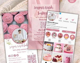 Plantilla editable de tarjeta de presentación de Instagram, tarjeta de presentación rosa imprimible para panaderos caseros, tarjeta de propietario de pequeña empresa con fotos personalizadas y código QR
