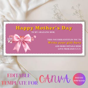 Puede incluir: Una plantilla de vale de regalo para el Día de la Madre con un fondo rosa y un lazo rosa decorativo. El texto dice "Happy Mother's Day" e incluye espacio para escribir un regalo. La plantilla es editable en Canva.