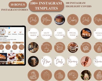 May include: Instagram highlight cover templates for a bakery, featuring brown and white circular designs with text like "Deals," "Menu," and "Cakes." The image includes a tablet displaying a bakery's Instagram profile with various food photos.