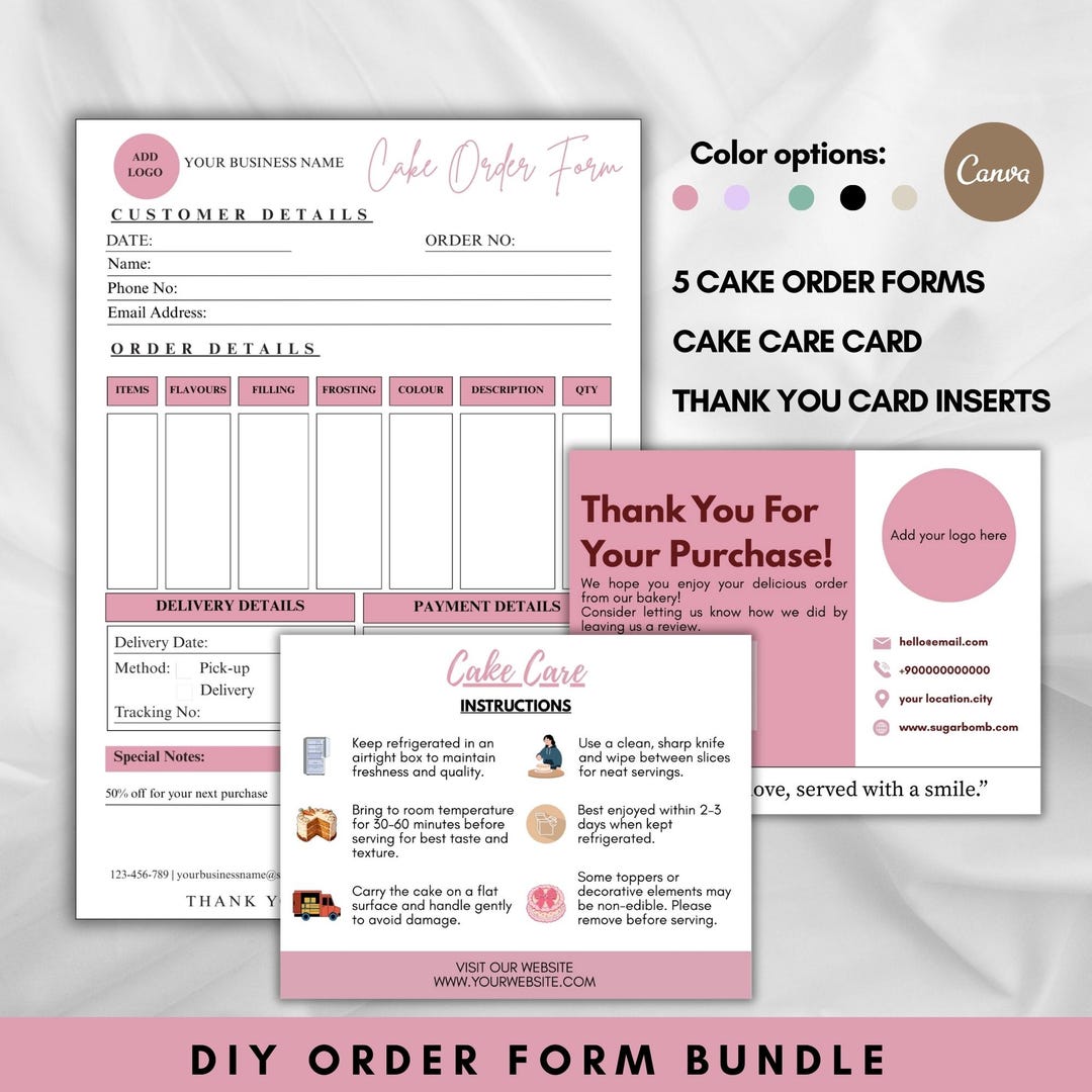 Editable Minimal Colourful Cake Order Form Bundle, Printable Simple ...