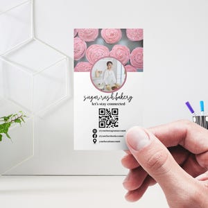baking business card, bakery Instagram card design, business card template, canva template, cake business card, Baker business card, ig business card template, aesthetic business card, pink ig business card double sided qr code instagram style printable business card pink in colour one side has instagram style page format where you can add your own business photos and also your name and business name. you can add your custom qr code on the other side