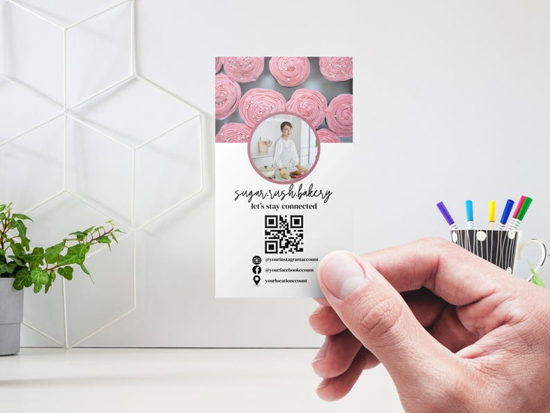 baking business card, bakery Instagram card design, business card template, canva template, cake business card, Baker business card, ig business card template, aesthetic business card, pink ig business card double sided qr code instagram style printable business card pink in colour one side has instagram style page format where you can add your own business photos and also your name and business name. you can add your custom qr code on the other side