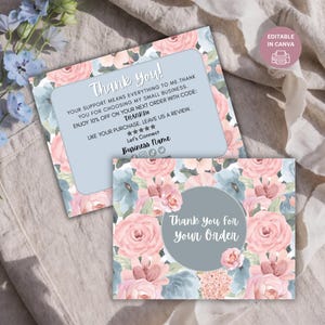 May include: Two floral thank you cards with a light blue background and pink and blue roses. The cards have text that says "Thank you!" and "Thank you for your order."