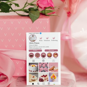 baking business card, bakery Instagram card design, business card template, canva template, cake business card, Baker business card, ig business card template, aesthetic business card, pink ig business card double sided qr code instagram style printable business card pink in colour one side has instagram style page format where you can add your own business photos and also your name and business name. you can add your custom qr code on the other side