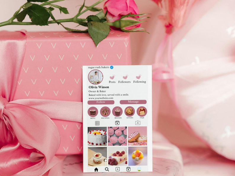 baking business card, bakery Instagram card design, business card template, canva template, cake business card, Baker business card, ig business card template, aesthetic business card, pink ig business card double sided qr code instagram style printable business card pink in colour one side has instagram style page format where you can add your own business photos and also your name and business name. you can add your custom qr code on the other side