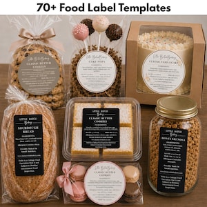May include: A collection of 70+ food label templates applied to various baked goods including a bag of cookies, cake pops, a boxed vanilla cake, a loaf of sourdough bread, square cookies in a plastic container, macarons, and a jar of granola.
