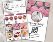 Editable Instagram Business Card Template, Printable Pink Business card for home bakers, Qr Code Custom Photos Small business owner card