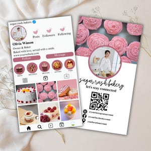 Puede incluir: Dos tarjetas con temática de panadería. Una tarjeta es un perfil de Instagram simulado para "sugar.rush.bakers" con fotos de pasteles y pasteles. La otra tarjeta tiene pasteles rosas y un código QR con el texto "sugar.rush.bakery let's stay connected".