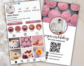 Plantilla editable de tarjeta de presentación de Instagram, tarjeta de presentación rosa imprimible para panaderos caseros, tarjeta de propietario de pequeña empresa con fotos personalizadas y código QR