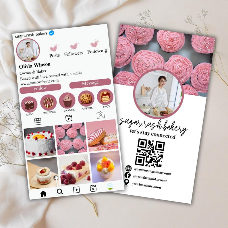bakery instagram card canva template, editable bakery business card, business card with qr code, bakery business branding
