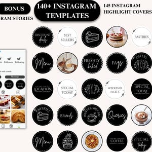 May include: A digital product featuring Instagram highlight covers for bakeries. The image includes a mock Instagram profile and various black and white circular icons with text like "Menu", "Pastries", and "Special Today".