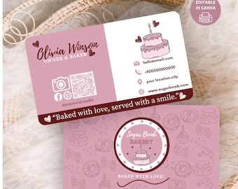 Tarjetas de presentación de panadería editables en color rosa, plantilla de tarjeta de presentación imprimible, diseño de panadería, marca comercial de panadería DIY personalizada, tarjeta con código QR