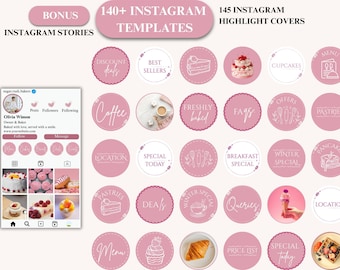 Pink Bakery Instagram Highlight Covers, Ig Canva Food Icons, Minimalist Cake shop Story Icon Templates, Bakery Business Branding Kit