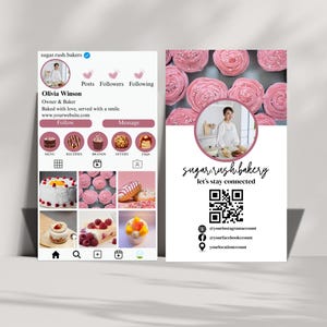 baking business card, bakery Instagram card design, business card template, canva template, cake business card, Baker business card, ig business card template, aesthetic business card, pink ig business card double sided qr code instagram style printable business card pink in colour one side has instagram style page format where you can add your own business photos and also your name and business name. you can add your custom qr code on the other side