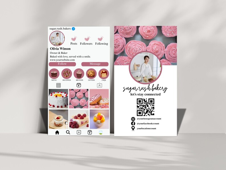 baking business card, bakery Instagram card design, business card template, canva template, cake business card, Baker business card, ig business card template, aesthetic business card, pink ig business card double sided qr code instagram style printable business card pink in colour one side has instagram style page format where you can add your own business photos and also your name and business name. you can add your custom qr code on the other side