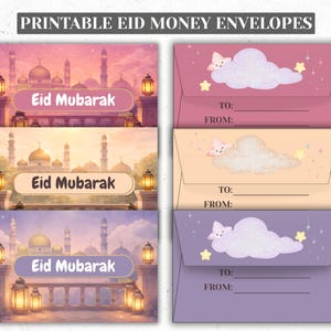 Könnte beinhalten: Druckbare Eid-Geldumschläge mit farbenfrohen Designs. Die Umschläge zeigen Moscheen-Illustrationen mit dem Text "Eid Mubarak" und Designs mit Wolken, Sternen und dem Text "An: Von:"