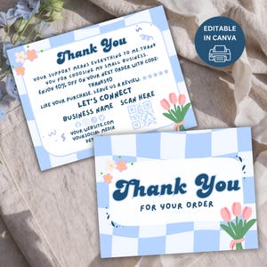 May include: Two blue and white checkered thank you cards with floral and tulip illustrations. The cards have the text "Thank You" and include a QR code and social media information. One card says "Thank You for your order."