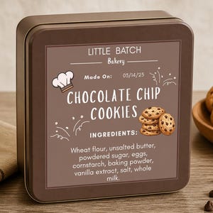 May include: A brown metal tin with a label that reads "LITTLE BATCH Bakery" and "CHOCOLATE CHIP COOKIES." The label also lists ingredients. A small wooden bowl of cookies and chocolate chips are next to the tin.