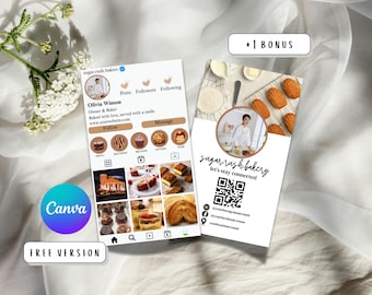 Editable Instagram Business Card Template, Printable Pink Business card for home bakers, Qr Code Custom Photos Small business owner card