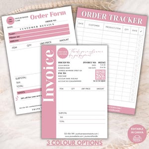 Plantilla editable para pequeñas empresas, plantilla moderna de factura en Canva, paquete de formularios de pedido imprimibles, formulario de seguimiento de pedidos sencillo, facturación profesional.