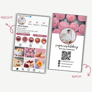 baking business card, bakery Instagram card design, business card template, canva template, cake business card, Baker business card, ig business card template, aesthetic business card, pink ig business card double sided qr code instagram style printable business card pink in colour one side has instagram style page format where you can add your own business photos and also your name and business name. you can add your custom qr code on the other side