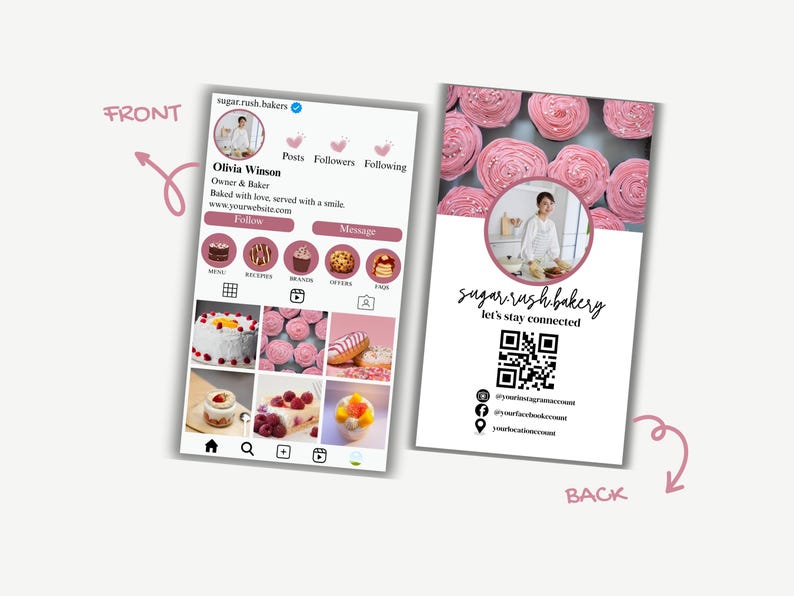 baking business card, bakery Instagram card design, business card template, canva template, cake business card, Baker business card, ig business card template, aesthetic business card, pink ig business card double sided qr code instagram style printable business card pink in colour one side has instagram style page format where you can add your own business photos and also your name and business name. you can add your custom qr code on the other side