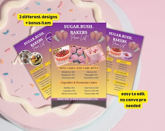 Editable Custom Bakery Flyer pastelaria Template,Printable bake shop price list, sweet treat menu card, small business bakery branding