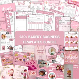 Könnte beinhalten: Eine Sammlung von Vorlagen für Bäckereiunternehmen in Rosatönen, darunter Rechnungen, Bestellformulare, Tortenschneideanleitungen, Menükarten und Social-Media-Grafiken mit dem Text 250+ BAKERY BUSINESS TEMPLATES BUNDLE.
