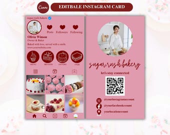 Editable IG business card template,Pink printable baker greeting card, cake card template, custom design QR code cookies business card