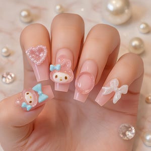 Cute Pink Cartoon  Press On Nails Set – Cute Pink Cartoon Nail Art, Kawaii Nail Stickers for Women, Holiday Gift,Reusable Manicure Charm Kit